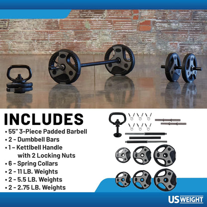 US Weight Adjustable Weight Set with 55" Barbell, Dumbbells, and Kettlebell Handle – Versatile Exercise Equipment for Home Gym Workouts