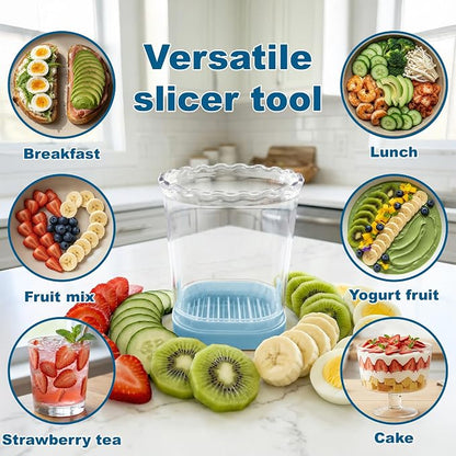 Strawberry Slicer Cup with Push Plate, Fruit Cutter Kitchen Gadget for Egg, Kiwi, Banana, Cucumber, Easy Fruit & Vegetable Slicer, Strawberry Cutter Tool for Quick Safe Cutting (Blue)