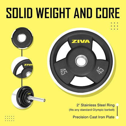 ZIVA Olympic Weight Plate – Premium Urethane-Coated Grip Disc with 2" Stainless Steel Insert and 3-Position Handle – Sold Individually (2.5–45 lb) Does not fit Standard Studio Barbell
