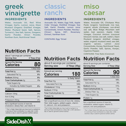 SideDish Healthy Dressing Variety Pack - Classic Ranch, Miso Caesar, Greek Vinaigrette - Seed Oil, Gluten & Dairy Free Salad Dressing w/Avocado Oil - Refined Sugar Free Umami Sauce for Dinner Recipes