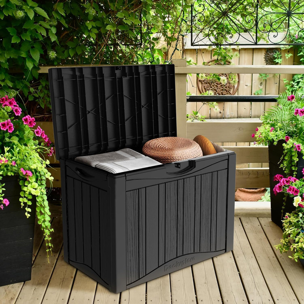 45 Gallon Lockable Resin Deck Box, Waterproof & UV-Resistant Outdoor Storage Box for Outdoor Cushion Storage, Garden Tools & Pool Accessories Storage, Black