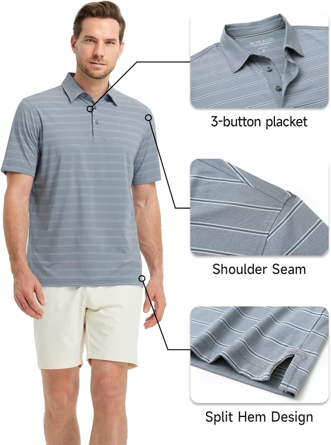 Rouen Polo Shirts for Men Dry Fit Performance Heather Stripe Golf Polo Moisture Wicking Lightweight Breathable Golf Shirts