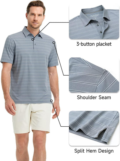 Rouen Polo Shirts for Men Dry Fit Performance Heather Stripe Golf Polo Moisture Wicking Lightweight Breathable Golf Shirts