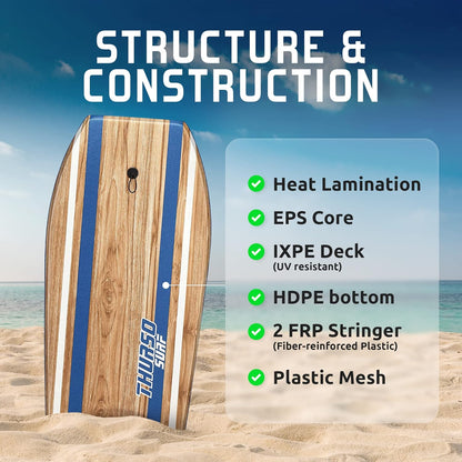 THURSO SURF Quill 42'' Bodyboard Lightweight Durable EPS Core IXPE Deck HDPE Slick Bottom FRP Stringer Crescent Tail Dual Channel Plastic Mesh with Double Stainless Steel Swivel Coiled Wrist Leash