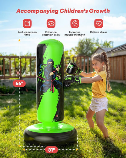QPAU Punching Bag for Kids, 66 Inch Stable Inflatable Boxing Bag with Boxing Gloves, Stand Kids Punching Bag Toy for Boys & Girls Age 6-12, Boxing Set for Practicing Karate, Taekwondo, MMA