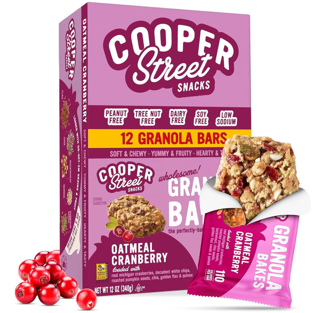 Cooper Street Oatmeal Cranberry Granola Bakes (12 pack) - Individually Wrapped Soft and Chewy Breakfast Granola Bars - Nut, Dairy & Soy Free - Great As Kids Snacks For School, Hiking Or Lunchbreak