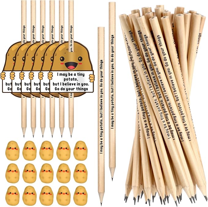 Jetec 50 Sets Inspirational Potato Pencil with Erasers and Thank You Card