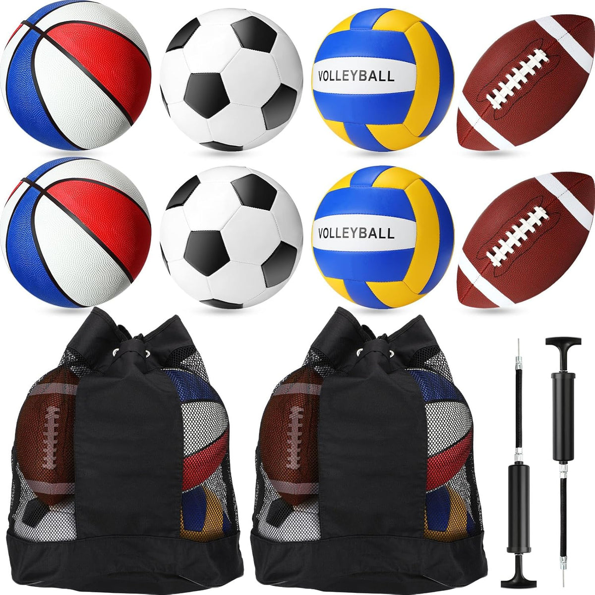 8 Pcs Sports Balls Set Include Basketball Football Soccer Volleyball with 2 Sport Equipment Bags 2 Pumps for Teens Youth Adult Outdoor Operation Christmas Ball Gifts