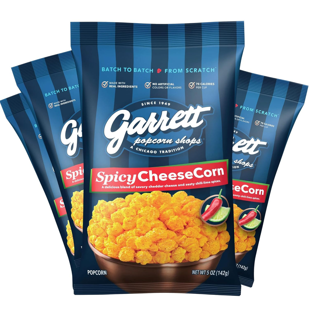 Garrett Popcorn Spicy CheeseCorn, 5.0oz, 4 Bags, Spicy Cheddar Popcorn, Gluten Free, Bold Snack, Popped Popcorn Bags