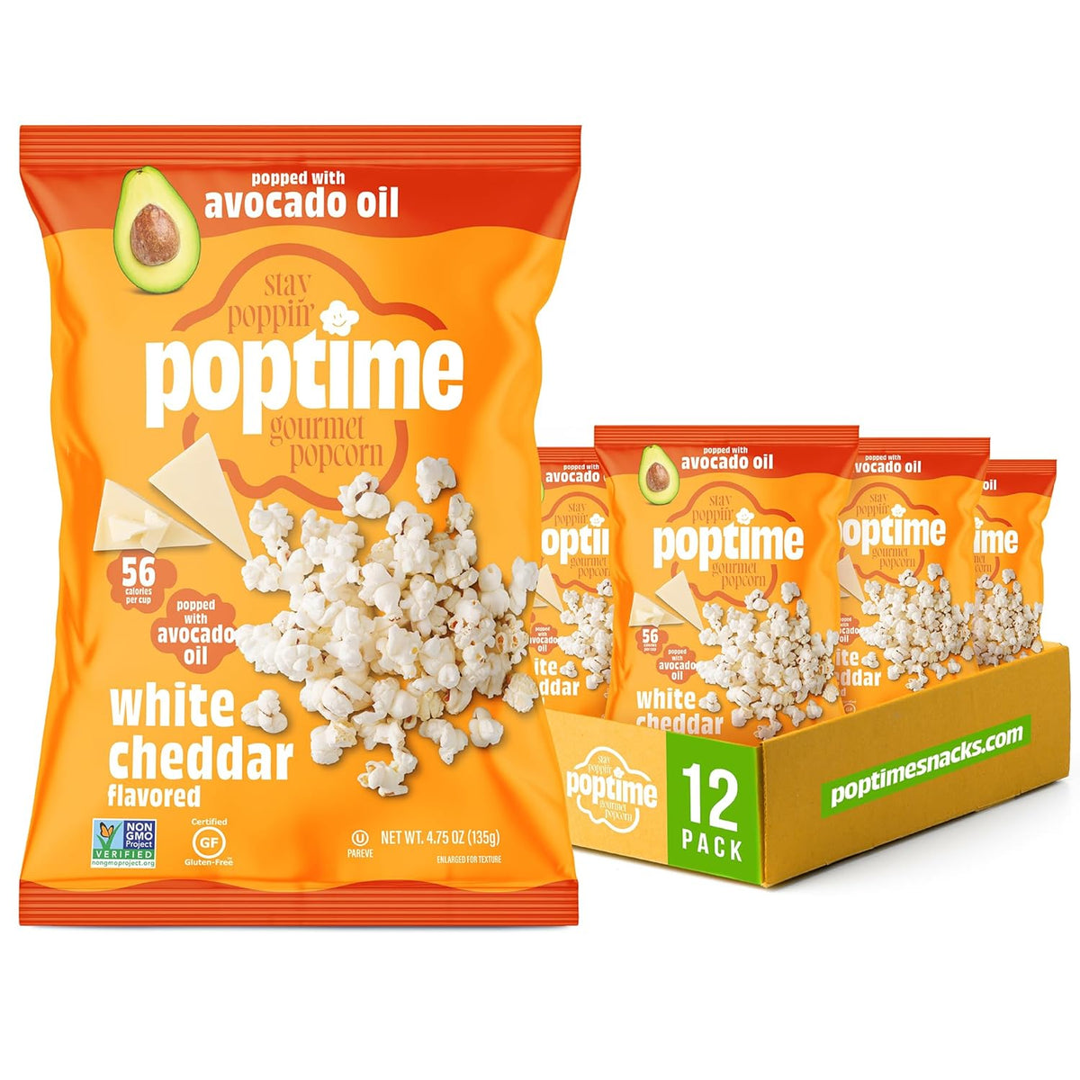 Poptime White Cheddar Popcorn Snack Bags – Gourmet Popcorn Bags, Healthy Snack With Heart-Healthy Avocado Oil, Crunchy, Cheesy, Gluten Free, Vegan, Low Calorie, Non-GMO, Kosher - 4.75 oz - Pack 12