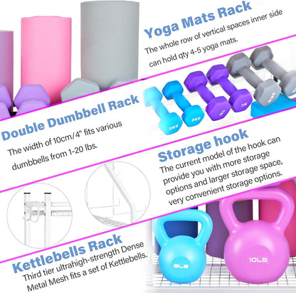 Dumbbell Rack, Yoga Mat Storage Rack - Weight Rack for Dumbbells, Home Gym Storage Rack for Yoga Mat, Dumbbells and Kettlebells, All in One Workout Equipment Storage with Caster Wheels