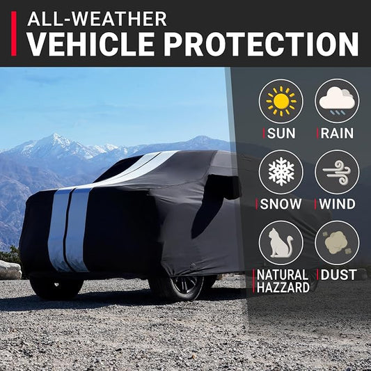 iCarCover Premium Heavy Duty Truck Car Cover - Waterproof All Weather Rain Snow UV Protection, Tacoma, Frontier, Explorer, Ridgeline, Ranger, Colorado, Size T82 (See Size Chart), Stripe - Black/Gray