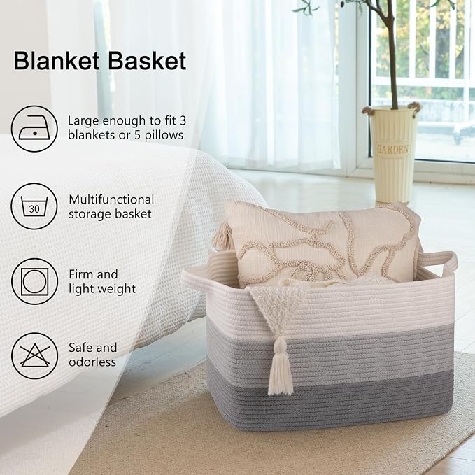 OIAHOMY Cotton Rope Basket, Rectangle Woven Baskets for Storage, Nursery Blanket Storage Living Room, Toy Basket With Handle-17.7”x13.8”x11”-Gradient Grey