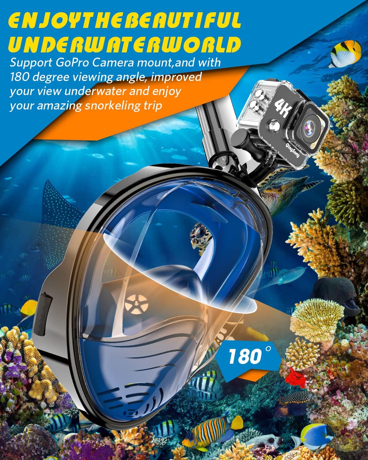 QingSong Full Face Snorkel Mask for Adults, Snorkeling Gear with Camera Mount, 180 Degree Panoramic View Snorkel Set Anti-Fog Anti-Leak