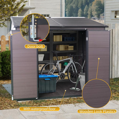 8x6 FT Outdoor Storage Shed with Floor,Waterproof Resin Plastic Bike Shed with Vents & Windows, Lockable Door, Garden Tool Shed Easy to Assembly for Lawn, Backyard, Patio, Brown