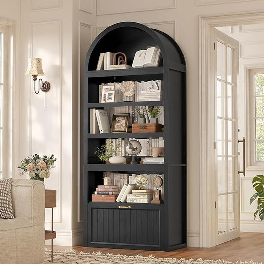 81" Tall Arched Cabinets,Bookcase with Drawer storage,Mid-Century Modern 5-Tier Bookshelf,2 Book Risers and Adjustable Shelves offering more storage space for Living Room,Kitchen,Home Office,Black