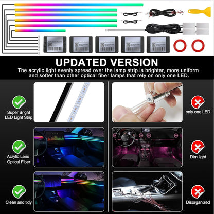 Dream+Color Acrylic Interior Car LED Strip Light with Wireless APP, RGB 10 in 1 with 175 inches 593 Neon Ambient Lighting Kits, Dynamic Chasing Music Sync LEDs Fiber Optic Strip Lights for Car