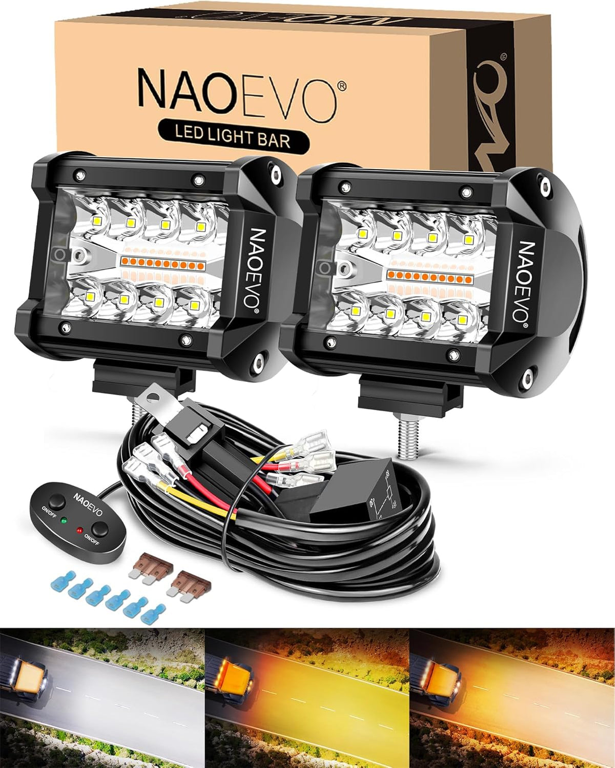 NAOEVO 4 Inch LED Pod Lights, Spot Flood LED Fog/Driving/Off Road Lights with 2 Leads Wiring Harness, Cube Pods for Truck Boat ATV UTV, 2 Pcs (White/Amber/White&Amber)