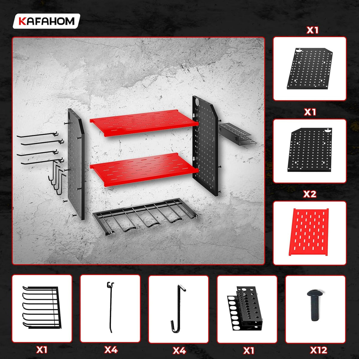 KAFAHOM Power Tool Organizer for Tool Storage, Drill Holder Wall Mount With 2 Side Pegboards, Metal Tool Shelf with 12 Hooks, Tool Organizers Storage Rack, Utility Cordless Drill Rack Red