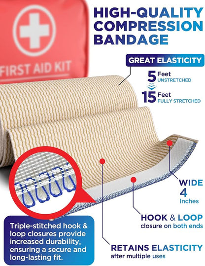 Premium Elastic Bandage Wrap - 4” (2pk) - Self-Closing Compression Bandage | Reusable Bandage Wrap for Leg, Ankles, Wrists, and Knees - For First Aid Kit and After Surgery Recovery - Latex Free