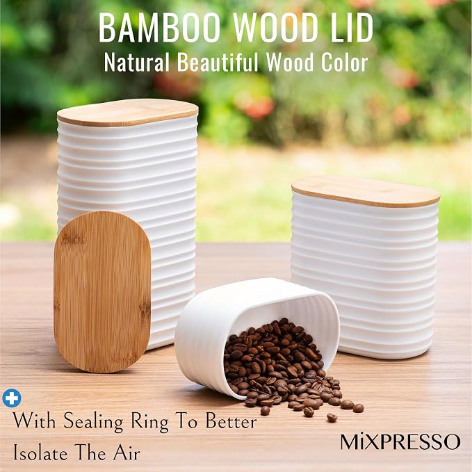 Mixpresso White Canisters Sets for the Kitchen – 3-Piece Airtight Plastic Sugar Container Set with Bamboo Lids in Three Different Sizes – Decorative Modern Storage Jars for Coffee, Tea & Countertops
