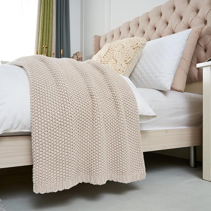 Longhui bedding Chunky Cable Knit Throw Blanket Lightweight Beige 100% Organic Cotton Blanket for Sofa Couch Bed Baby Nursery, Rustic Shabby Chic Modern Farmhouse, 60” x 80”