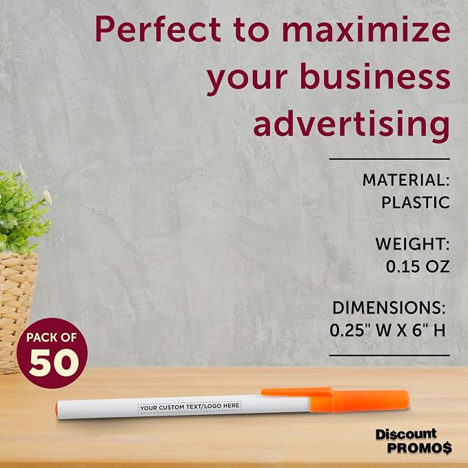 DISCOUNT PROMOS Custom Value Stick Pens Set of 50, Personalized Bulk Pack - Black Ink, Great for Office, School, Business, Tradeshows, Events - Orange