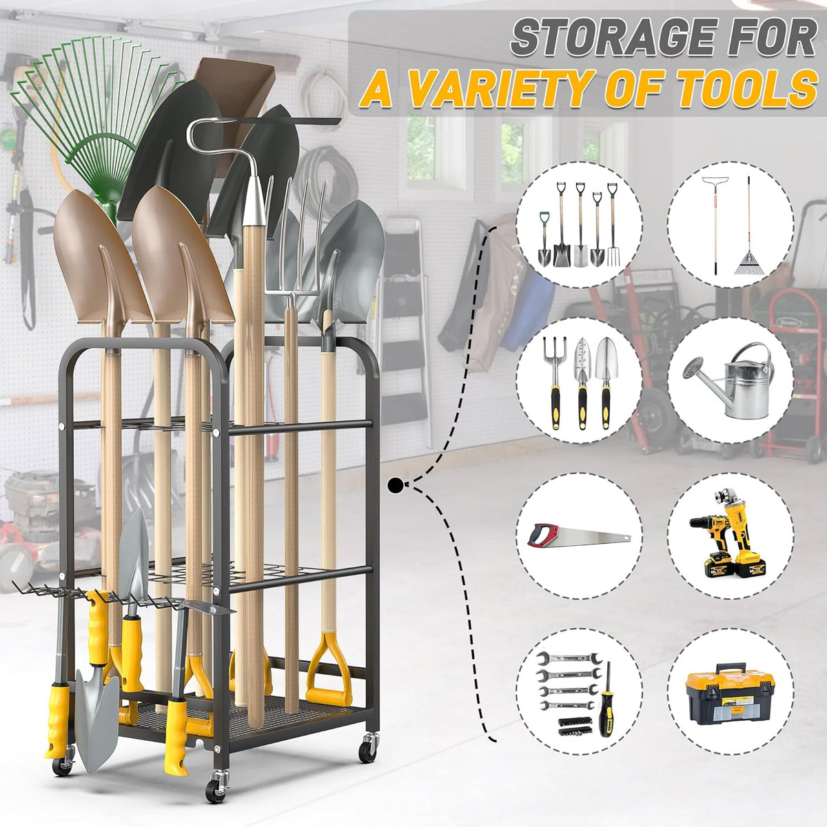 Ultrawall Garden Tool Organizer Stand, Yard Tool Storage Rack with Lockable Wheels, Garage Tool Storage for Rake, Brooms, Indoor & Outdoor Use