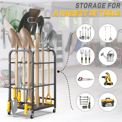 Ultrawall Garden Tool Organizer Stand, Yard Tool Storage Rack with Lockable Wheels, Garage Tool Storage for Rake, Brooms, Indoor & Outdoor Use