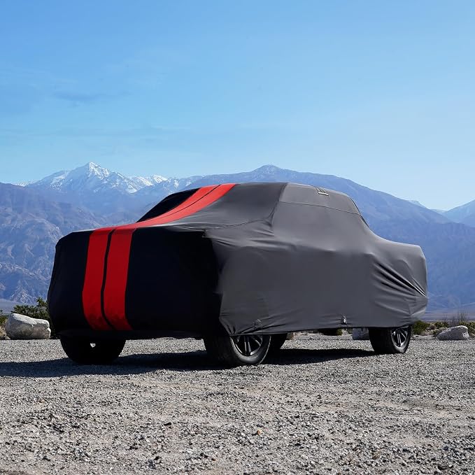iCarCover Premium Heavy Duty Truck Car Cover - Waterproof All Weather Rain Snow UV Protection, Ram 1500, 2500, 3500, Mega cab 6'4" Standard Bed, Size T89 (See Size Chart), Stripe - Black/Red