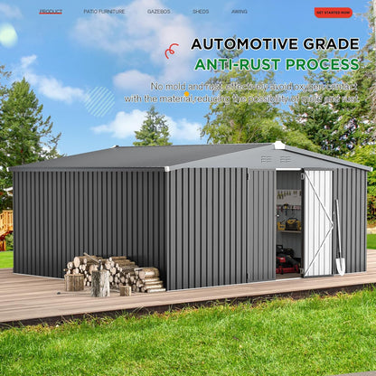 AECOJOY Shed 14' x 12' Storage Shed, Outdoor Metal Storage Sheds & Outdoor Storage 12x14 with Lockable Doors, Large Steel Yard Shed, Utility Tool Storage for Garden, Patio, Outside use in Dark Grey