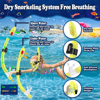 U PHITNIS Kids Snorkel Set for Age 4-14 - Dry Top Snorkeling Gear for Kids Junior & Youth - Childs Diving Mask with Big Eyes for Boys Girls - Anti-Fog Snorkeling Mask and Snorkel Set