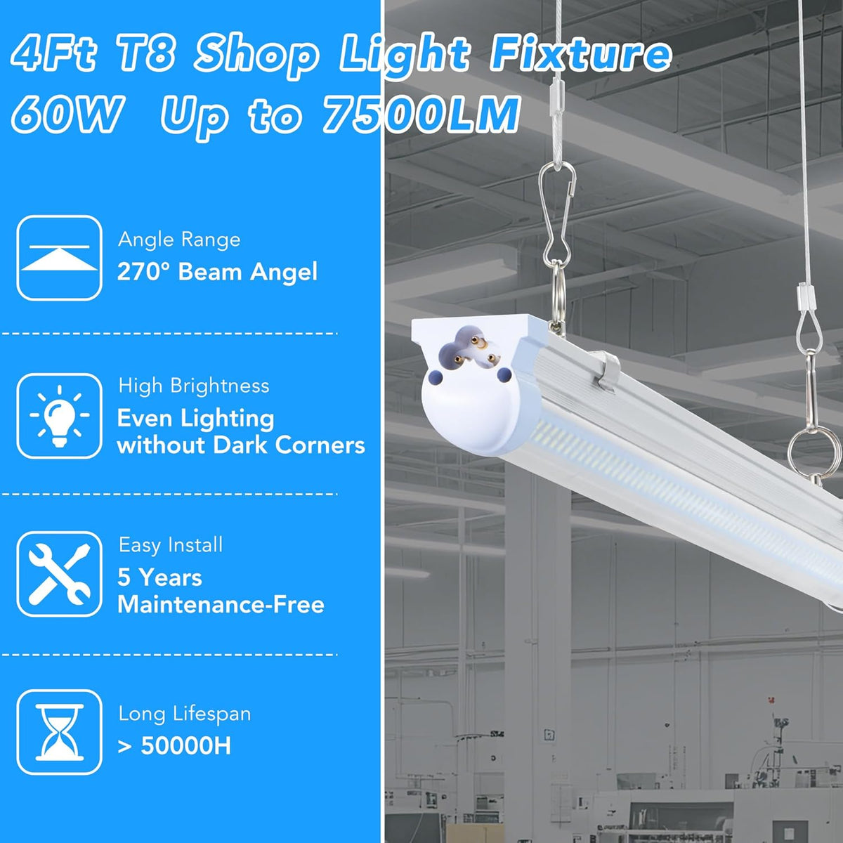 T8 LED Shop Lights 4FT, 4 Pack 60W 9600LM 6000K Daylight White, Linkable Lighting, Plug & Play Energy-Saving, Work Lights Ceiling LED for Garage Warehouse Basement (V4-4)