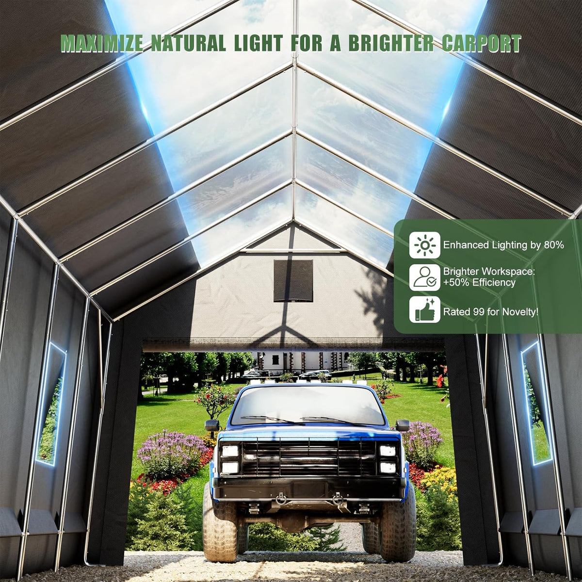 Carport Canopy 12x20FT Heavy Duty with Translucent Roof - Skyview Portable Garage with Reinforced Metal Frame, Zipper Doors, All-Weather Resistant,Waterproof Outdoor Storage Shelter for Cars/RV/ATV