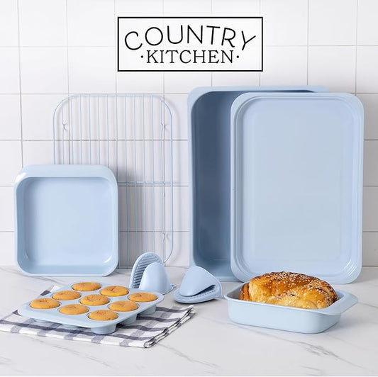 Country Kitchen Nonstick Stackable Bakeware Set - Deluxe Heavy Duty, Durable, Easy Release Baking Set, 8 Pcs, Light Blue