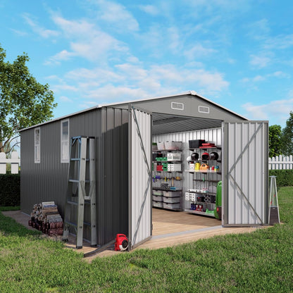 10x12x6.7FT Outdoor Storage Shed, Galvanized Steel Garden Shed with Lockable Door & Window, Waterproof Metal Tool Storage for Garden, Backyard, Patio, Lawn(Grey)