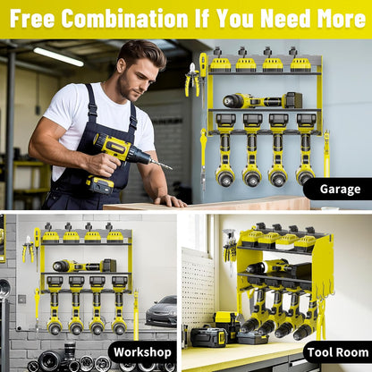 3-Tier Modular Drill Holder & Power Tool Organizer Wall Mount with Charging Station, Tool Storage Rack with Hooks, 8-Outlet Power Strip, Bit Rack & Cordless Garage Tool Organization (Yellow)