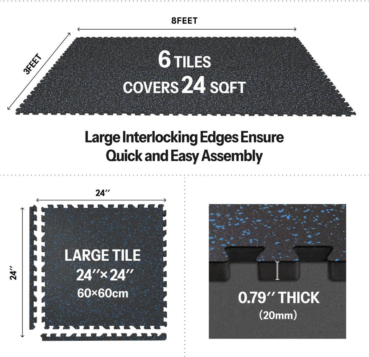 AIRHOP 0.79in Thick 24 Sq Ft Exercise Equipment Mats, 6 Tiles Upgraded Rubber Top with High Density EVA Foam, Large Interlocking Puzzle Gym Flooring for Home Gym, Heavy Weight Workout,Black & Blue