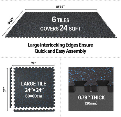 AIRHOP 0.79in Thick 24 Sq Ft Exercise Equipment Mats, 6 Tiles Upgraded Rubber Top with High Density EVA Foam, Large Interlocking Puzzle Gym Flooring for Home Gym, Heavy Weight Workout,Black & Blue