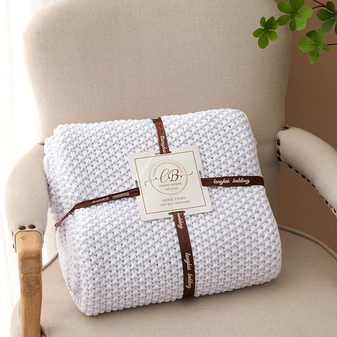 Chunky Cable Knit Throw Blanket Lightweight White 100% Organic Cotton Blanket for Sofa Couch Bed Baby Nursery, Rustic Shabby Chic Modern Farmhouse, Pure White 51” x 63” Give Laundering Bag