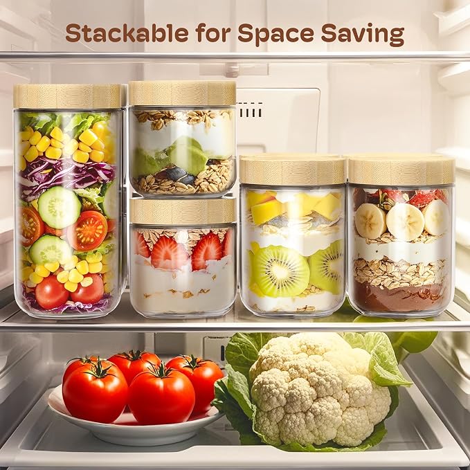 4 pack 16oz Overnight Oats Containers with Bamboo Lids, Glass Jars with Airtight Lids for Meal Prep, Wide Mouth Mason Salad Jars, Glass Food Storage Container for Yogurt Chia Snacks Spice Sugar