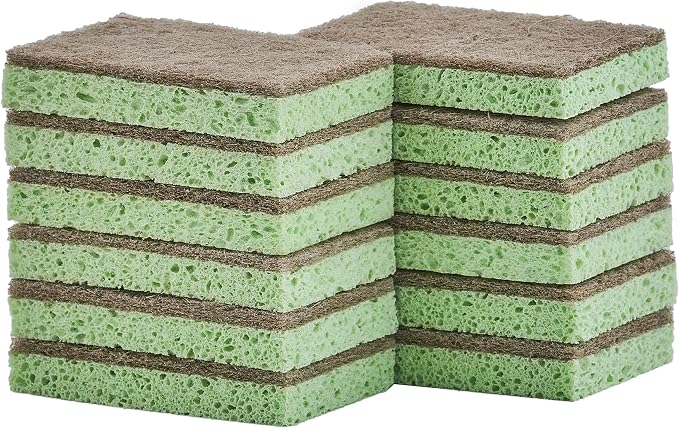 Superio Non-Scratch Cellulose Sponge Scrub (12-Pack) Heavy Duty Kitchen Sponges Scrubbers with Scouring Pad (Green)
