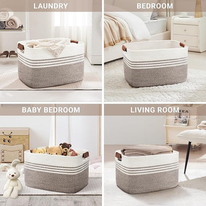 86L Extra Large Laundry Basket with Leather Handles for Living Room Storage, Woven Rope Baskets for Blanket, Kids Toy, Gifts, Wicker Hamper for Bedroom Dirty Clothes, 24"x16"x14" Dark Brown