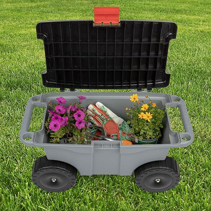 Pure Garden Rolling Garden Cart with Seat - Plastic Storage with Bench and Interior Tool Tray - Gardening Stool for Weeding and Planting (Gray)