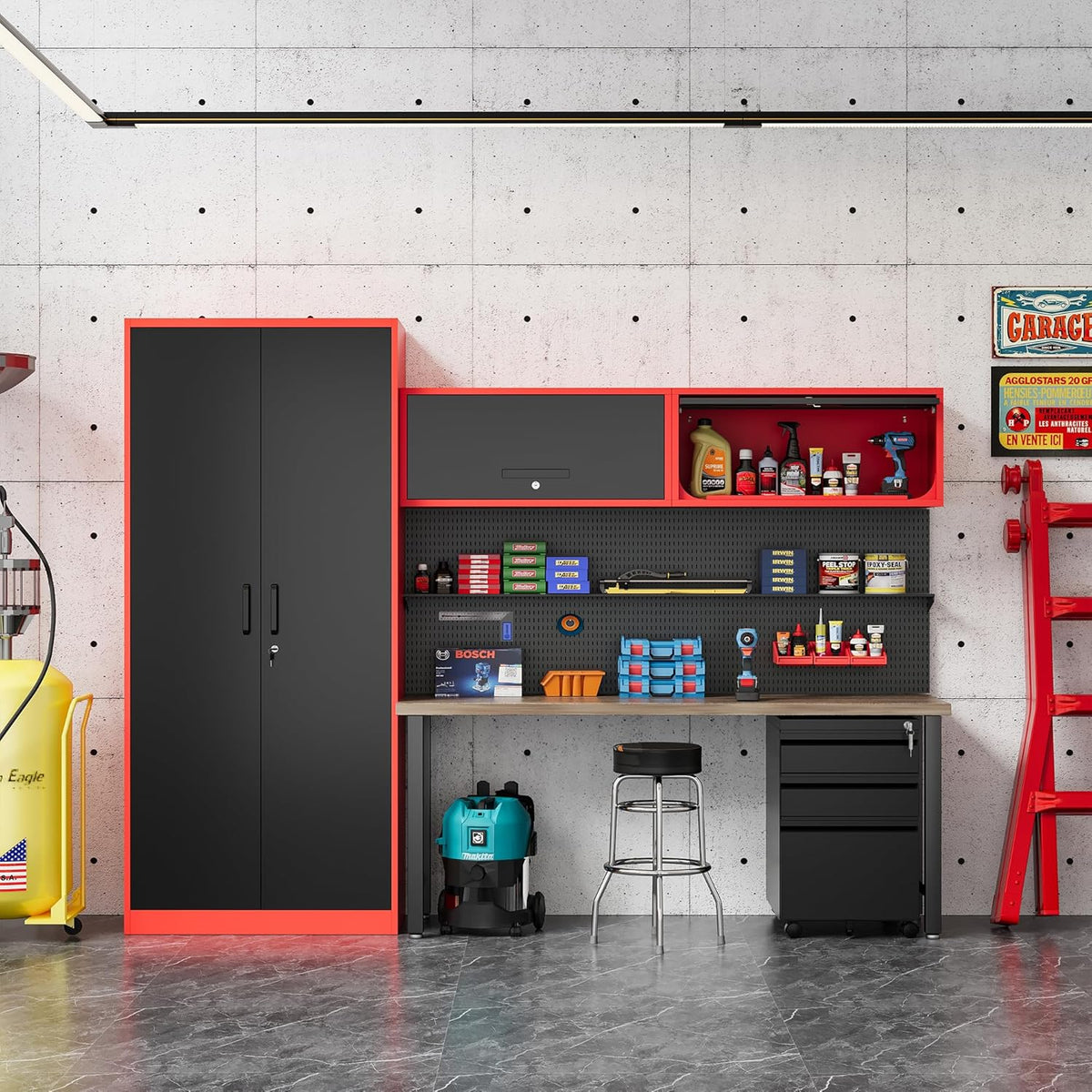 Metal Storage Cabinet Black&Red Wall Cabinets with Locking Door - Wall Mounted Storage Cabinet for Garage Warehouse Home Office - Assembly Required