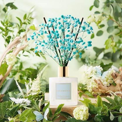 COCORRÍNA Reed Diffuser - Wild Mint & Eucalyptus 6.7 Fl.oz Reed Diffuser Set with Sticks & Preserved Baby's Breath, Reed Diffuser for Home Bathroom Shelf Decor