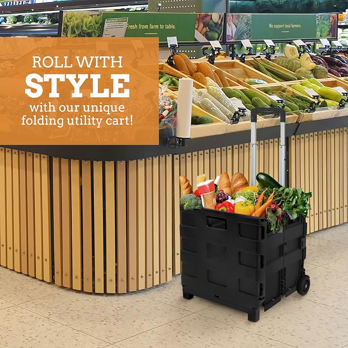 Inspired Living Collapsible Ultra-Slim Pack-N-Roll, 2 Wheel Utility Cart , With Telescopic Handle - Super Strong up to 80 Lbs Load Capacity, Black
