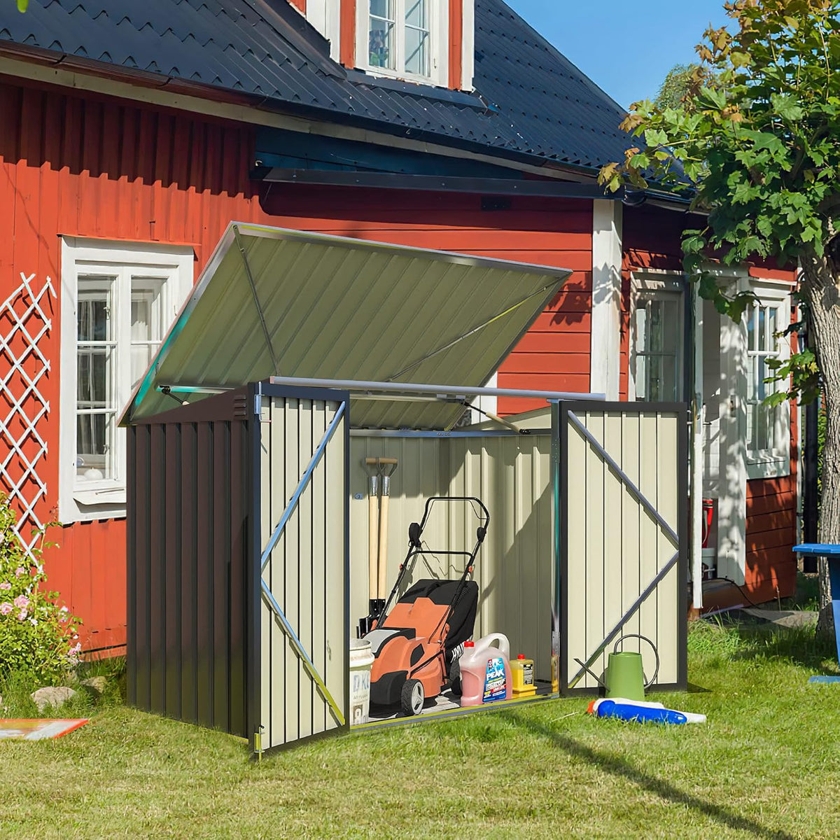 Greesum 5.8x3.3 FT Outdoor Storage Shed Metal Garbage Shed with Lid Chain Hydraulic Gas Rod for Lawn Tools, Bikes, Toys,Garbage Bin,Black
