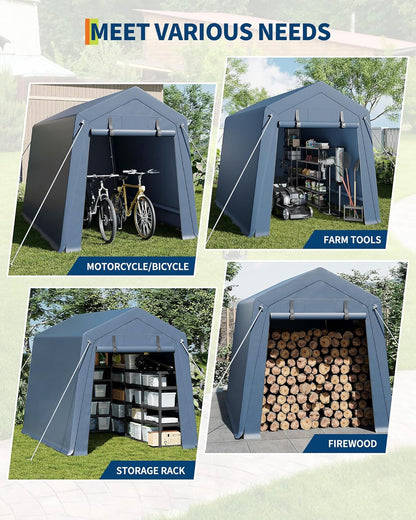 6x8 FT Outdoor Storage Shed, Portable Carport with Roll-up Ventilated Zipper Door and Windows, Heavy Duty Waterproof Tarp, Storage Sheds for Motorcycle, Bike, Firewood, Garden Tools