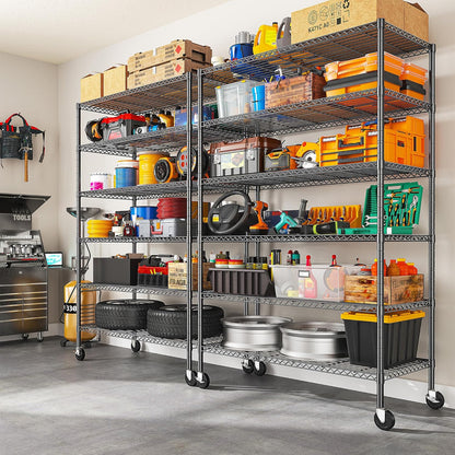 82" H X45 W X18 D Storage Shelves with Wheels, 6 Tier Wire Shelving Adjustable Metal Shelving Pantry Shelves Capacity 1200LBS for Garage Shelving, Pantry, Kitchen, Closet, Black